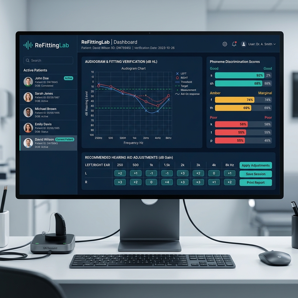 ReFittingLab software interface showing audiogram, phoneme discrimination scores, and recommended adjustments
